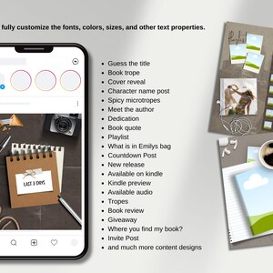 Op de afbeelding: Een digitale social media sjabloonset met een smartphone-display waarop een notitieboekje met de tekst LAST 5 DAYS te zien is, naast twee extra lay-outontwerpen met een afspeellijst, een koffiekopje, een smartphone en diverse tekstplaatsaanduidingen.