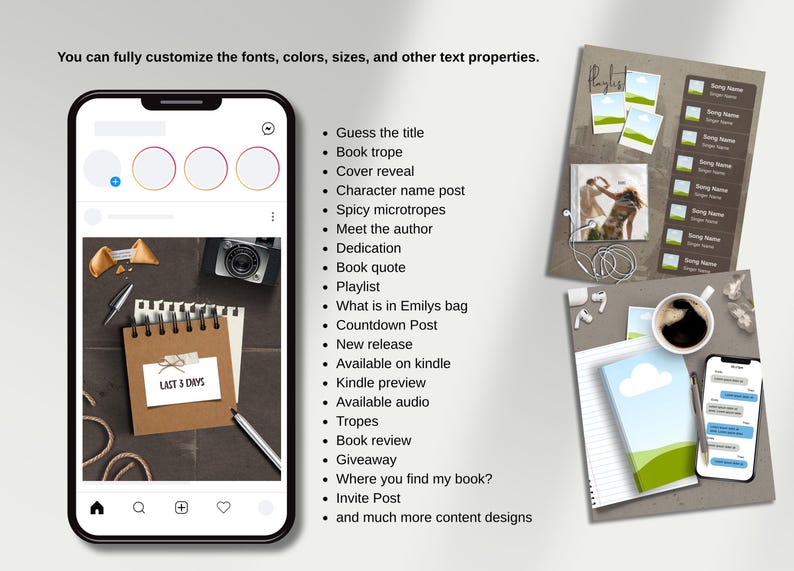 Op de afbeelding: Een digitale social media sjabloonset met een smartphone-display waarop een notitieboekje met de tekst LAST 5 DAYS te zien is, naast twee extra lay-outontwerpen met een afspeellijst, een koffiekopje, een smartphone en diverse tekstplaatsaanduidingen.