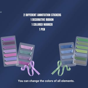 May include: Image features annotation stickers, ribbons, and markers. The text reads: "2 different annotation stickers, 1 decorative ribbon, 1 colored marker, 1 pen." The text also says, "You can change the colors of all elements."