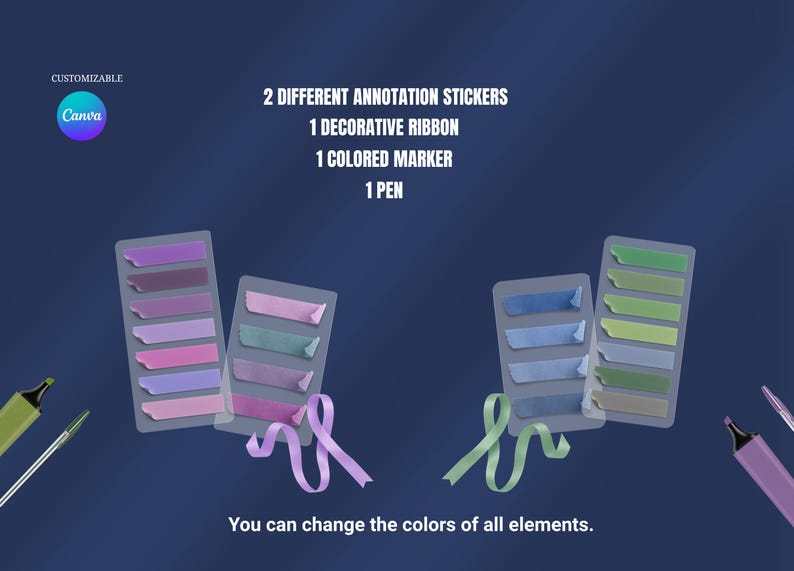 May include: Image features annotation stickers, ribbons, and markers. The text reads: "2 different annotation stickers, 1 decorative ribbon, 1 colored marker, 1 pen." The text also says, "You can change the colors of all elements."