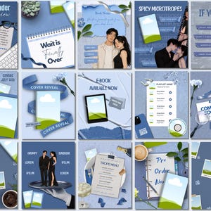 May include: A collection of fifteen blue-themed social media templates for book promotion, featuring illustrations of a couple, book covers with landscape graphics, text overlays like Reader Review, Spicy Microtropes, and Pre-Order Now, and various stationery items.