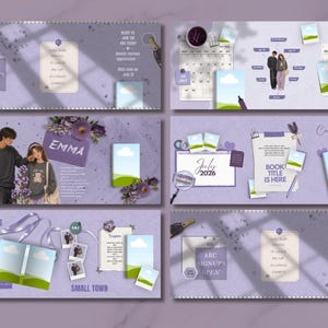 May include: A lilac-colored graphic design with various elements, including photos, text, and illustrations. The design features the text "ARC SIGNUPS OPEN", "THEO", "EMMA", "July 2026", and "BOOK TITLE IS HERE". There are also images of a couple, flowers, and a calendar.