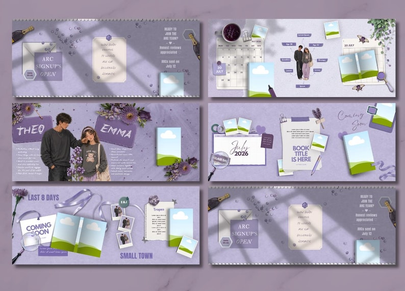May include: A lilac-colored graphic design with various elements, including photos, text, and illustrations. The design features the text "ARC SIGNUPS OPEN", "THEO", "EMMA", "July 2026", and "BOOK TITLE IS HERE". There are also images of a couple, flowers, and a calendar.