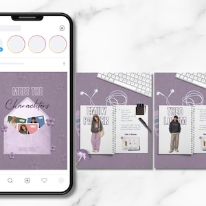 May include: A smartphone displays a social media post with the text "Meet the Characters." The post features images of people and a notebook with the names "Emily Payer" and "Theo Loem."