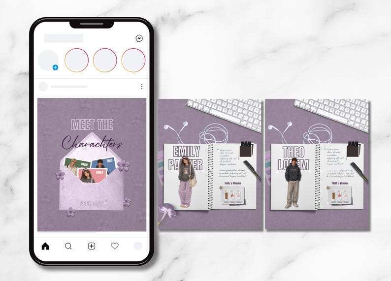 May include: A smartphone displays a social media post with the text "Meet the Characters." The post features images of people and a notebook with the names "Emily Payer" and "Theo Loem."
