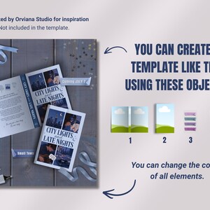 May include: An overhead shot of a template design with books, pens, and ribbons. The books are titled "City Lights and Late Nights" with a cityscape image. Text includes "Coming July 7" and "Small Town."