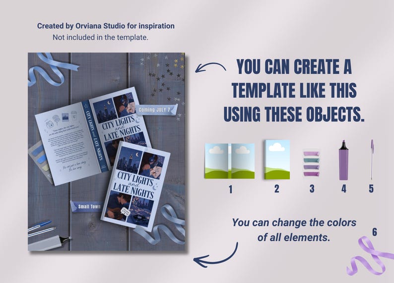 May include: An overhead shot of a template design with books, pens, and ribbons. The books are titled "City Lights and Late Nights" with a cityscape image. Text includes "Coming July 7" and "Small Town."