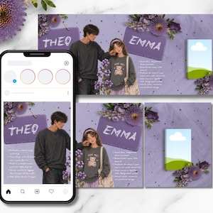 May include: A digital art design featuring a social media post layout. The design includes images of a young couple, the names "THEO" and "EMMA", and decorative purple flowers. The overall aesthetic is soft and romantic, with a pastel color palette.