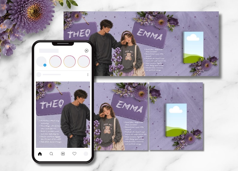 May include: A digital art design featuring a social media post layout. The design includes images of a young couple, the names "THEO" and "EMMA", and decorative purple flowers. The overall aesthetic is soft and romantic, with a pastel color palette.