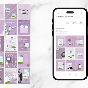 Może przedstawiać: Zestaw szablon&oacute;w historii na Instagram w kolorze lawendy z nakładkami tekstowymi, w tym "HEADER" i "THANK YOU". Smartfon wyświetla profil z nazwą użytkownika "businessusername".