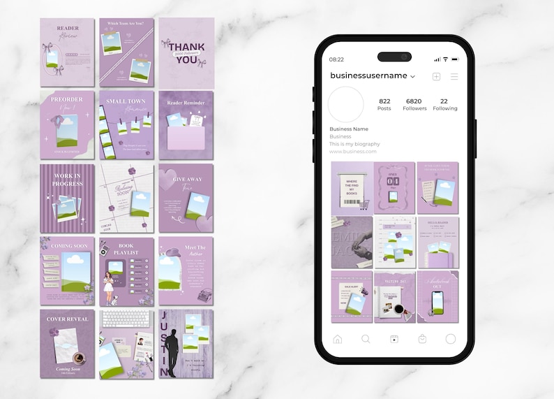Może przedstawiać: Zestaw szablon&oacute;w historii na Instagram w kolorze lawendy z nakładkami tekstowymi, w tym "HEADER" i "THANK YOU". Smartfon wyświetla profil z nazwą użytkownika "businessusername".