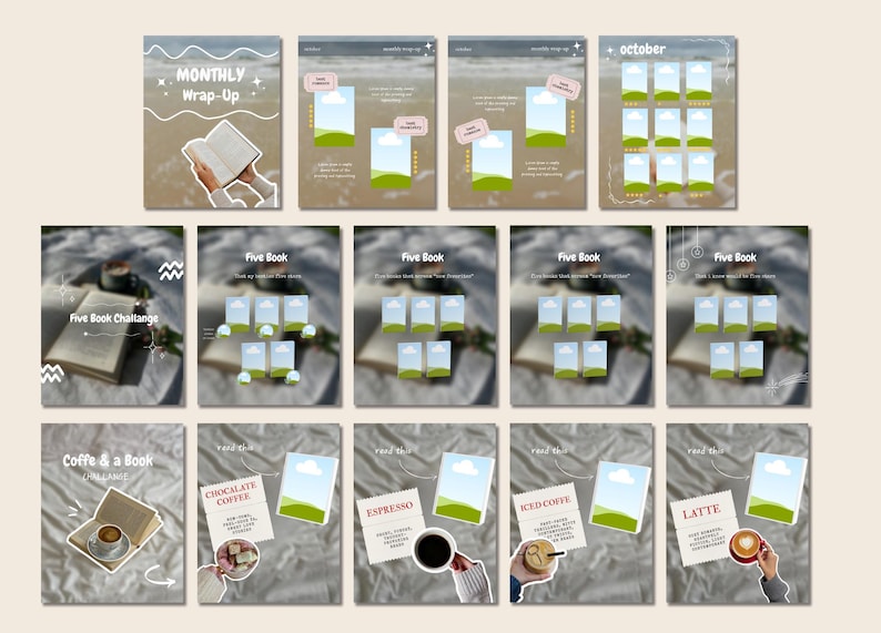 May include: A collection of digital art prints featuring a reading theme. The images include book challenges, coffee and book pairings, and monthly wrap-up graphics. The color palette is soft, with beige, blue, and green tones.