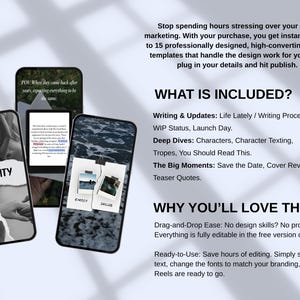 May include: A set of 15 Canva templates for book marketing displayed on three smartphones. The text includes 'WHAT IS INCLUDED?' and 'WHY YOU'LL LOVE THESE' with details on writing updates, deep dives, and big moments for social media content.