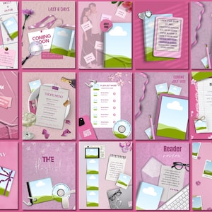 May include: A collection of fifteen digital social media templates featuring a pink color palette, landscape illustrations with green hills and blue skies, various text placeholders, and decorative elements like ribbons, flowers, and stationery.