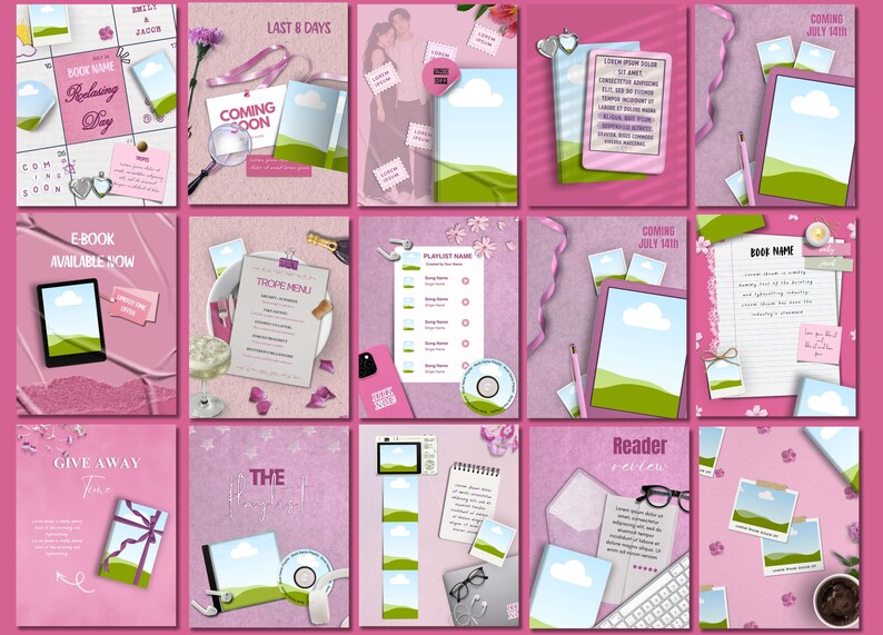 May include: A collection of fifteen digital social media templates featuring a pink color palette, landscape illustrations with green hills and blue skies, various text placeholders, and decorative elements like ribbons, flowers, and stationery.