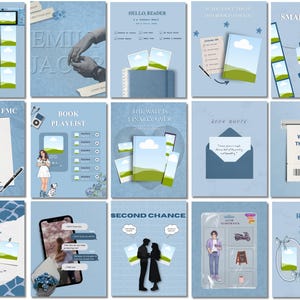 Puede incluir: Una colección de quince plantillas digitales en tonos azules con gráficos temáticos de libros, que incluyen listas de verificación, listas de reproducción, reseñas de lectores, ilustraciones de personajes, cuadros de texto y marcos de fotos.