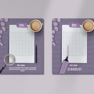 May include: Two purple word search puzzle sheets featuring a grid of letters, a cup of coffee, and a magnifying glass or highlighter. The text includes BOOK NAME, FIRST WORD, and a riddle about a shimmering object kept in a pocket by a love interest.
