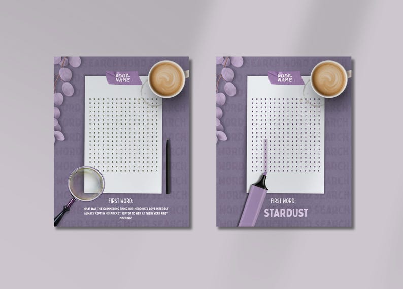 May include: Two purple word search puzzle sheets featuring a grid of letters, a cup of coffee, and a magnifying glass or highlighter. The text includes BOOK NAME, FIRST WORD, and a riddle about a shimmering object kept in a pocket by a love interest.