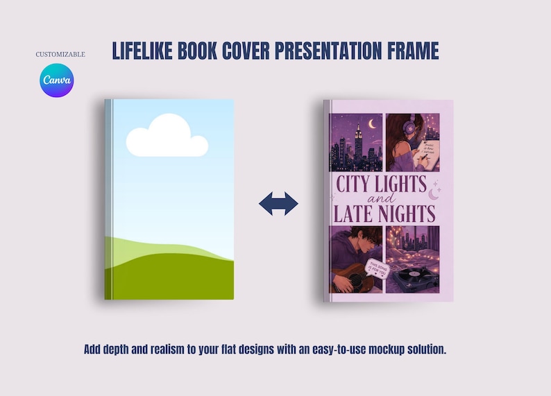 May include: A presentation frame showcasing two book covers. One features a landscape with a blue sky and cloud, the other displays the cover art for "City Lights and Late Nights." Text includes "LIFELIKE BOOK COVER PRESENTATION FRAME" and "Add depth and realism to your flat designs."