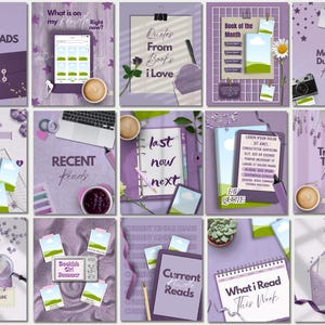 May include: A collection of fifteen digital social media templates in shades of purple, featuring various book-themed layouts with text such as Five Star Reads, TBR List, Recent Reads, and What I Read This Week, decorated with icons of books, coffee, and stationery.