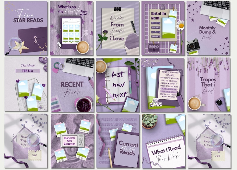 May include: A collection of fifteen digital social media templates in shades of purple, featuring various book-themed layouts with text such as Five Star Reads, TBR List, Recent Reads, and What I Read This Week, decorated with icons of books, coffee, and stationery.