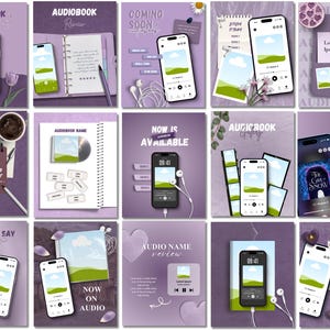 Pu&ograve; includere: Una collezione di quindici modelli di marketing digitale a tema viola per audiolibri, con smartphone che mostrano lettori multimediali, cuffie, quaderni, penne e varie sovrapposizioni di testo come Audiobook e Coming Soon.