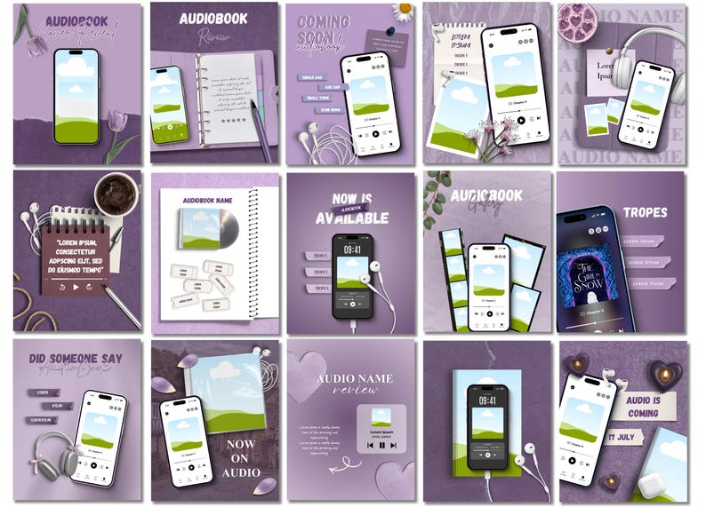 Pu&ograve; includere: Una collezione di quindici modelli di marketing digitale a tema viola per audiolibri, con smartphone che mostrano lettori multimediali, cuffie, quaderni, penne e varie sovrapposizioni di testo come Audiobook e Coming Soon.