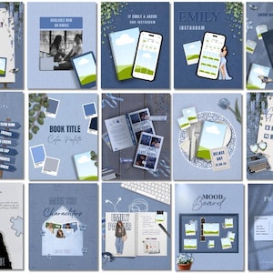 May include: A collection of digital mockups with a blue theme, featuring books, smartphones, and mood boards. The images include text such as "Launch Day," "Book Title," and "Emily Instagram." The overall aesthetic suggests a book launch or social media promotion.