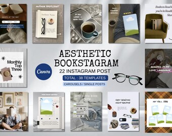 May include: Aesthetic Bookstagram Instagram post templates. The image features various templates with book-related themes, including quotes, author spotlights, and reading routines. The Canva logo is visible, indicating the design platform.