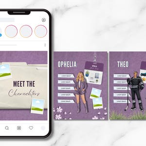 May include: Instagram post featuring a phone displaying a 'Meet the Characters' graphic. The post includes character introductions for Ophelia and Theo, with images and details on a purple background.