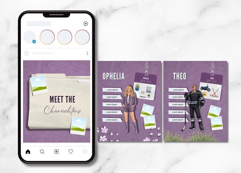 May include: Instagram post featuring a phone displaying a 'Meet the Characters' graphic. The post includes character introductions for Ophelia and Theo, with images and details on a purple background.