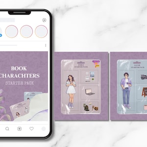 Może przedstawiać: Smartfon wyświetla fioletową grafikę z napisem "BOOK CHARACTERS STARTER PACK". Pokazano dwa pakiety startowe postaci, jeden oznaczony jako "EMILY", a drugi jako "JACOB". Każdy pakiet zawiera ilustracje postaci i powiązane elementy.