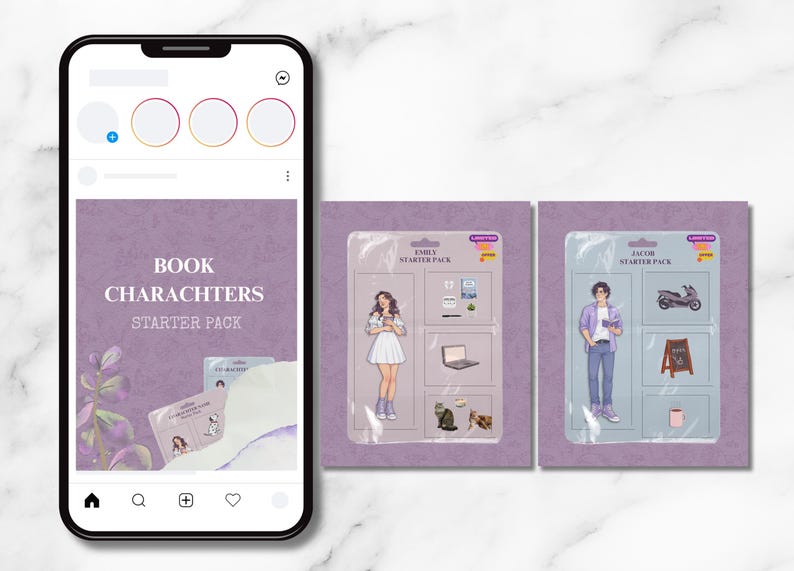 Może przedstawiać: Smartfon wyświetla fioletową grafikę z napisem "BOOK CHARACTERS STARTER PACK". Pokazano dwa pakiety startowe postaci, jeden oznaczony jako "EMILY", a drugi jako "JACOB". Każdy pakiet zawiera ilustracje postaci i powiązane elementy.