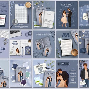 May include: A collection of fifteen digital social media templates in a muted blue color palette featuring illustrations of a couple, book-related graphics, text placeholders, coffee cups, pens, and e-readers for promoting a book release.