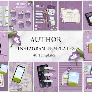 May include: A collection of 40 Instagram templates for authors, featuring a purple and white color scheme. The templates include book-themed graphics, text overlays, and image placeholders. The text includes "Spicy Chapter", "Pick a Spicy Microtrope", "Ophelia", and "Now Is Available".