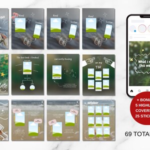 May include: A collection of digital templates for Instagram, featuring various layouts with text like "Read this & Listen this" and "What I read this week?" Includes a phone mockup, stickers, and highlight covers. The text "69 TOTAL SLIDE" is also visible.