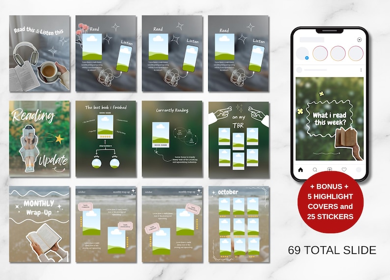 May include: A collection of digital templates for Instagram, featuring various layouts with text like "Read this & Listen this" and "What I read this week?" Includes a phone mockup, stickers, and highlight covers. The text "69 TOTAL SLIDE" is also visible.