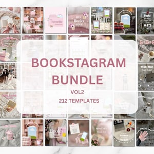 以下が含まれることがあります： ピンクと白のBookstagramテンプレートのコレクション。中央のテキストは「BOOKSTAGRAM BUNDLE VOL2 212 TEMPLATES」と表示されています。個々のテンプレートは、本、コーヒー、読書関連のテーマを特徴としています。全体的な美学は柔らかくフェミニンです。