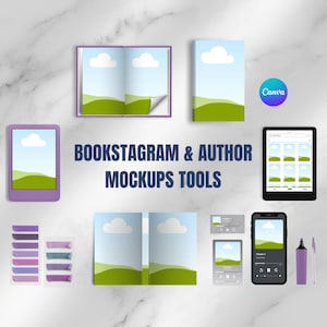 Op de afbeelding: Een verzameling digitale mockups en tools voor bookstagram en auteurs. De afbeelding bevat een tablet, e-reader, open en gesloten boeken en smartphones, die allemaal een landschapsscène met wolken weergeven. De tekst "BOOKSTAGRAM & AUTHOR MOCKUPS TOOLS" is ook aanwezig.