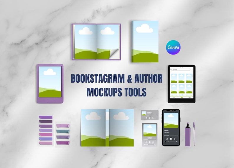 May include: An assortment of digital mockups and tools for bookstagram and author use. The image includes a tablet, e-reader, open and closed books, and smartphones, all displaying a landscape scene with clouds. The text "BOOKSTAGRAM & AUTHOR MOCKUPS TOOLS" is also present.