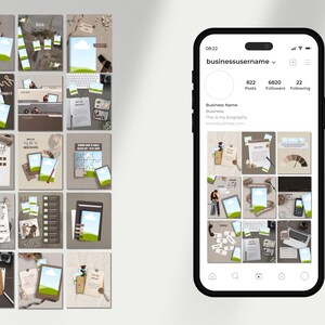 Op de afbeelding: Een smartphone die een social media profielraster weergeeft met een neutraal beige kleurenpalet. Het raster bevat verschillende berichtsjablonen, waaronder tekstvakken, fotolijsten met groene landschappen en kantoorbenodigdheden zoals pennen en papier.