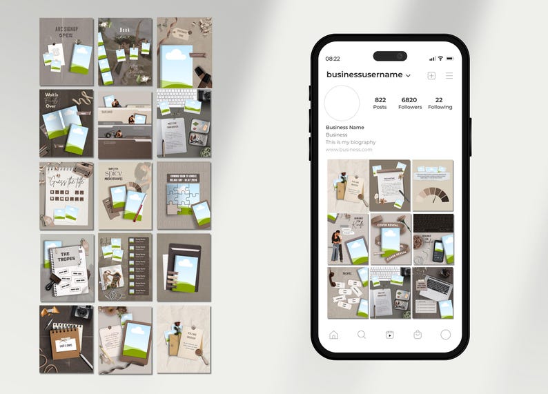 Op de afbeelding: Een smartphone die een social media profielraster weergeeft met een neutraal beige kleurenpalet. Het raster bevat verschillende berichtsjablonen, waaronder tekstvakken, fotolijsten met groene landschappen en kantoorbenodigdheden zoals pennen en papier.