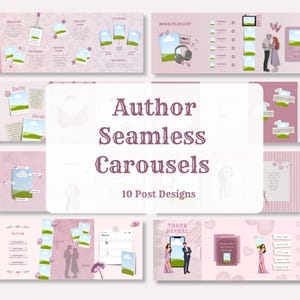 Puede incluir: Un conjunto de diez diseños de carrusel sin costuras en rosa y blanco para autores. Los diseños incluyen plantillas para la promoción de libros, presentaciones de autores y publicaciones en redes sociales. El texto incluye "Meet the Author", "Book Playlist" y "Coming Soon".