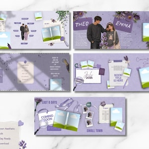 May include: A collection of lilac-themed bookstagram templates with various layouts. Designs include a calendar, couple, open book, and text that reads "ARC SIGNUPS OPEN", "COMING SOON", and "BOOK TITLE IS HERE".
