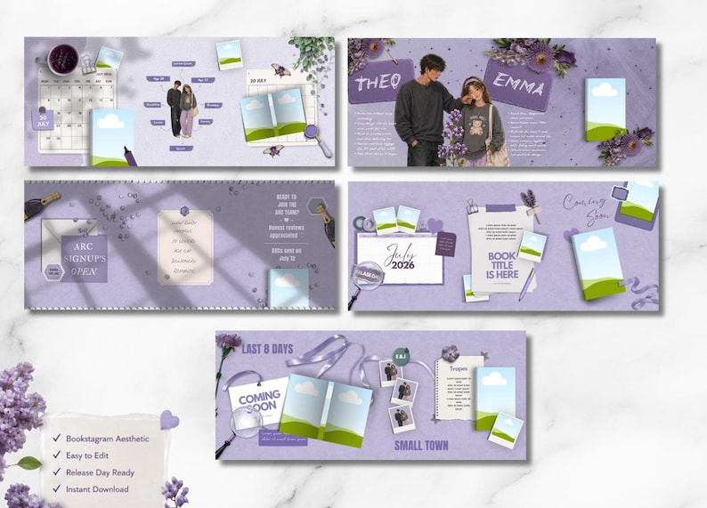 May include: A collection of lilac-themed bookstagram templates with various layouts. Designs include a calendar, couple, open book, and text that reads "ARC SIGNUPS OPEN", "COMING SOON", and "BOOK TITLE IS HERE".