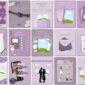 Könnte beinhalten: Eine Sammlung von digitalen Kunstwerken im Lila-Thema mit verschiedenen Designs. Einige zeigen Herzen, Bücher und Zitate, während andere Illustrationen von Menschen, einem Smartphone und einem Einkaufswagen enthalten. Textelemente sind "Coming Soon", "Hello Reader" und "Book Playlist."