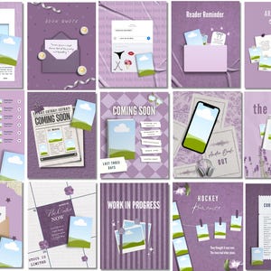 May include: A collection of purple-themed social media templates for book promotion. Designs include "Reader Review," "Book Quote," "Coming Soon," and "Work in Progress." Each template features images, text, and decorative elements.