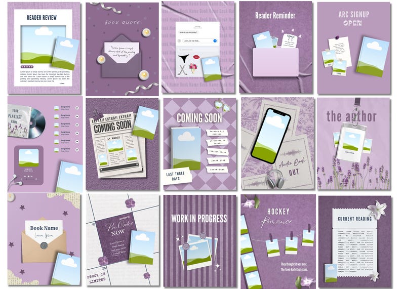 May include: A collection of purple-themed social media templates for book promotion. Designs include "Reader Review," "Book Quote," "Coming Soon," and "Work in Progress." Each template features images, text, and decorative elements.