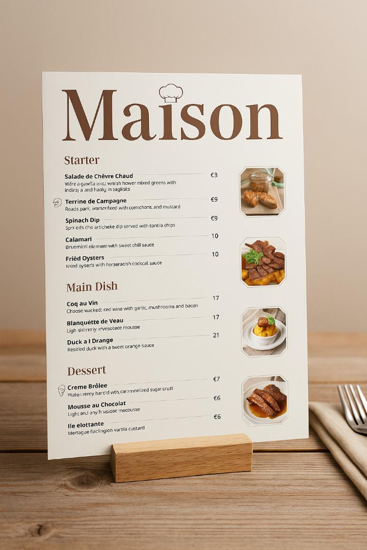 Modern French Restaurant Menu Template Printable & Editable PDF