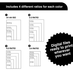 May include: A black and white graphic showing four different print ratio options: A1-A4 ISO, 2:3 Ratio, 4:5 Ratio, and 3:4 Ratio. Each ratio displays a series of nested rectangles with measurements in inches and centimeters. Text reads "Digital files ready to print wherever you want."